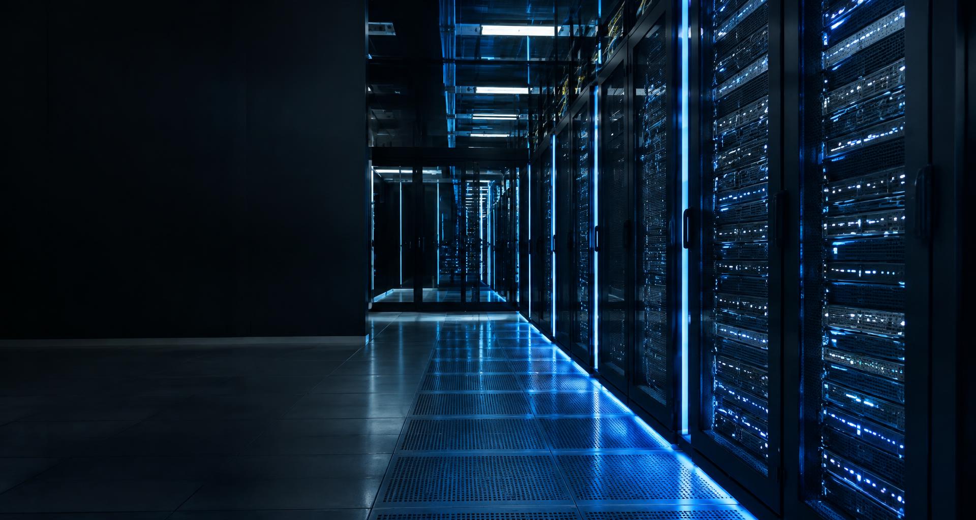 Modern server infrastructure in a blue-lit data center